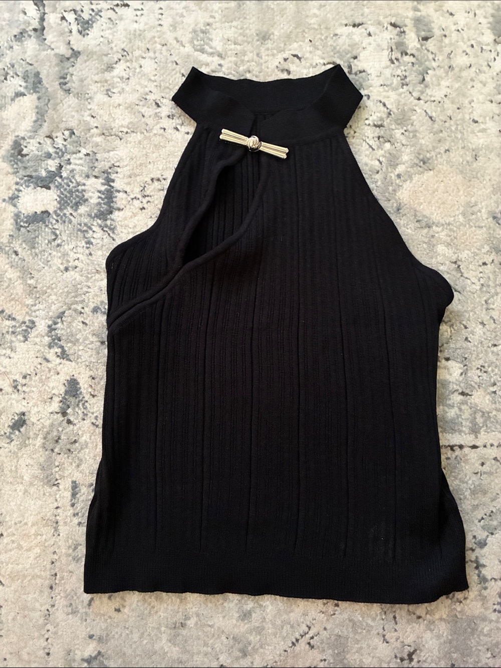 Black Asymmetrical Ribbed Halter Top with Silver Buckle